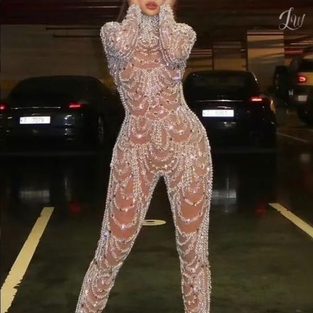 Plain Long Sleeve Fashion Splice Sequin Silver Prom Jumpsuit